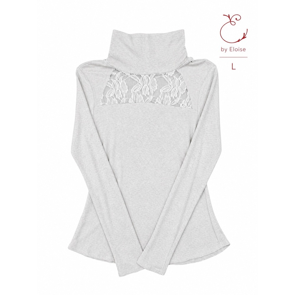 E By Eloise Anthropologie Lace Yoke Turtleneck Gray Ribbed Long Sleeve Size L